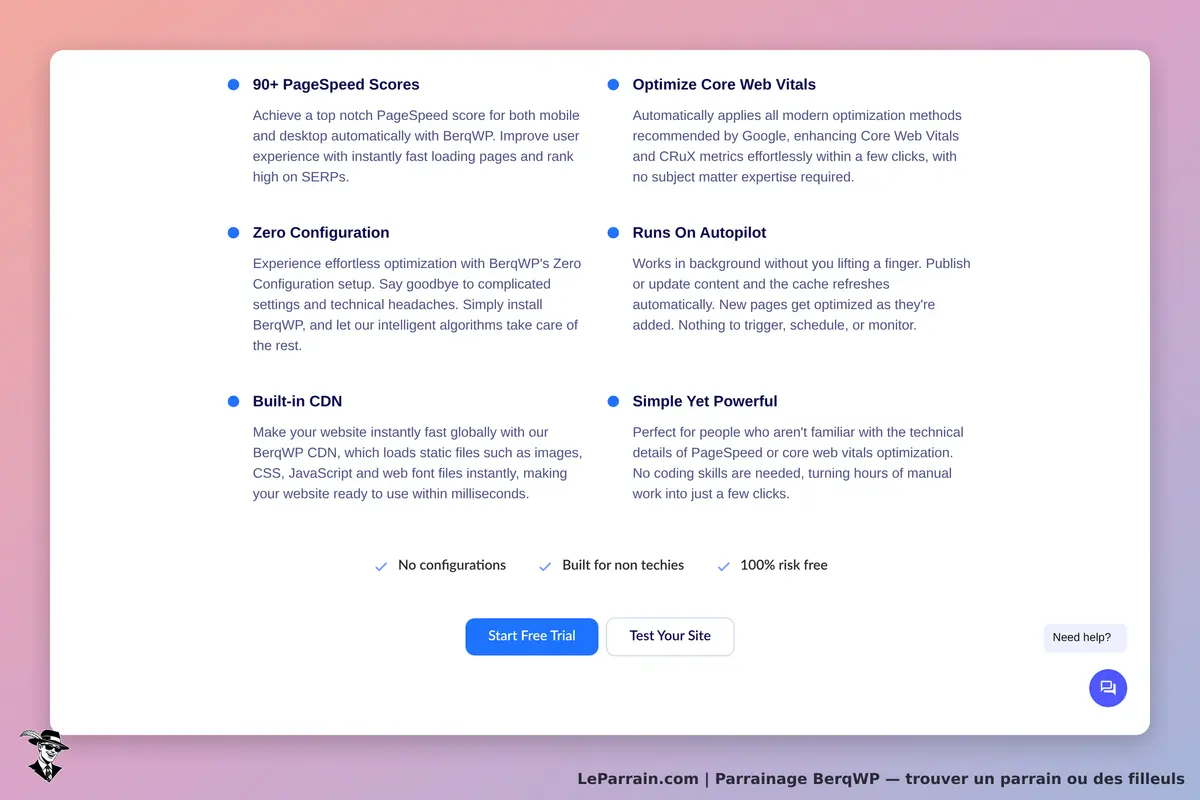 Interface de BerqWP présentant des fonctionnalités d'optimisation web et un essai gratuit.