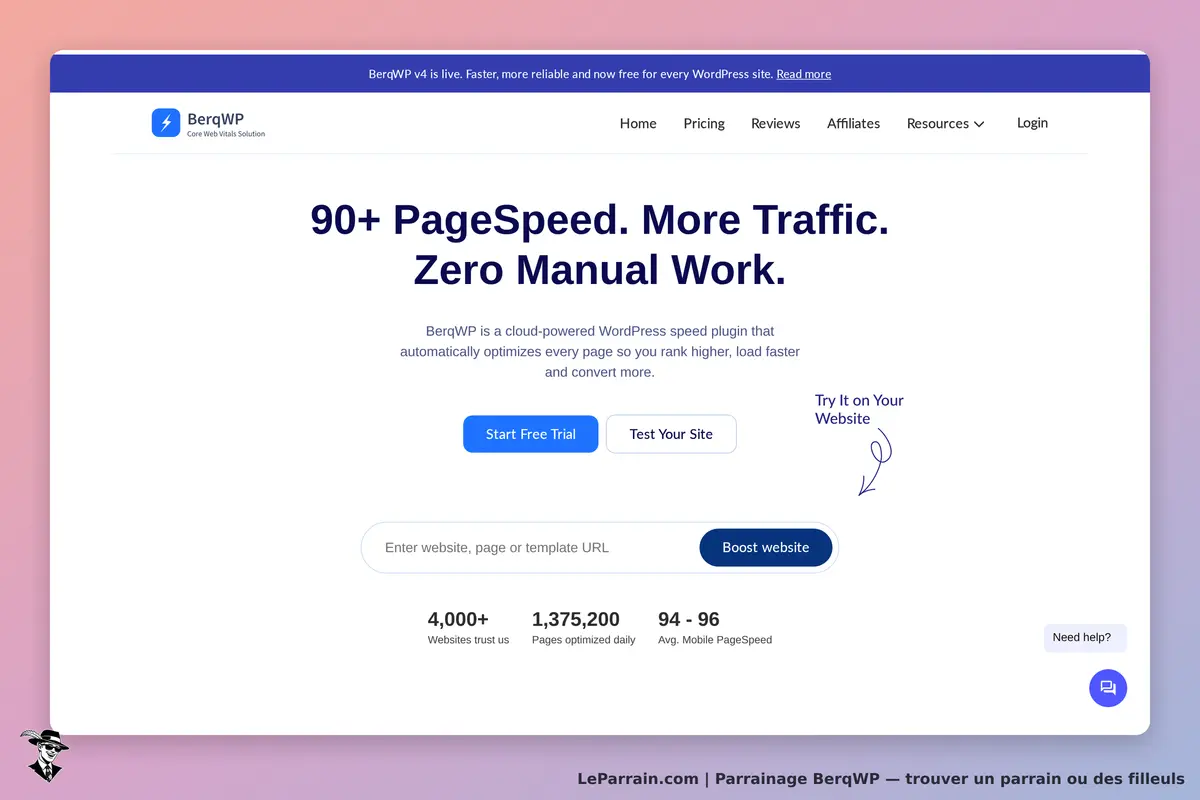 Page d'accueil de BerqWP, plugin WordPress pour améliorer la vitesse des sites.
