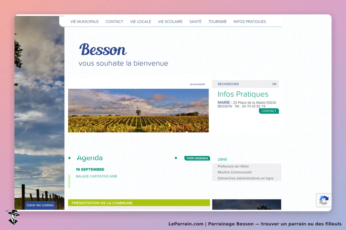 Besson : page d'accueil avec un paysage de vignes et des informations pratiques à droite