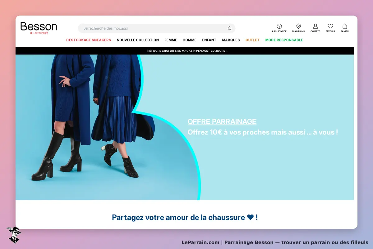 Besson : deux femmes en vêtements bleus posent sur un fond bleu, promotion de parrainage visible