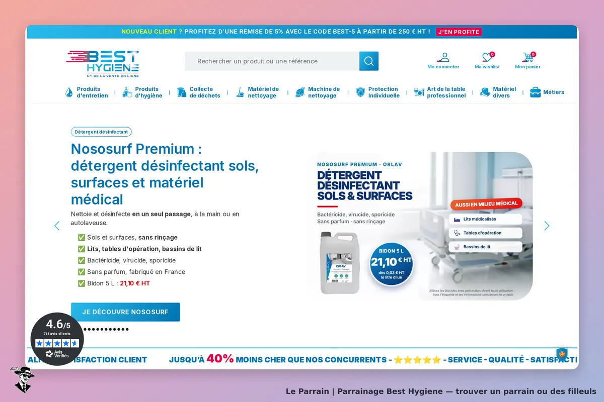 Best Hygiene : page d'accueil présentant le produit Nososurf Premium et ses caractéristiques
