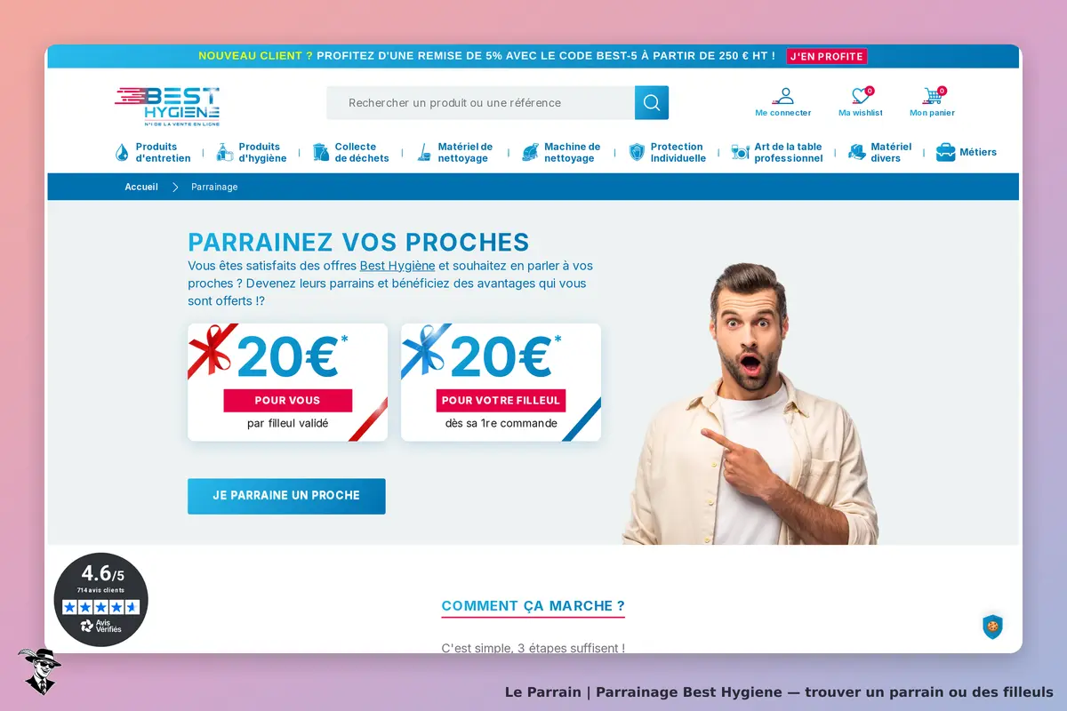 Best Hygiene : page d'accueil avec section de parrainage et homme surpris pointant vers l'écran