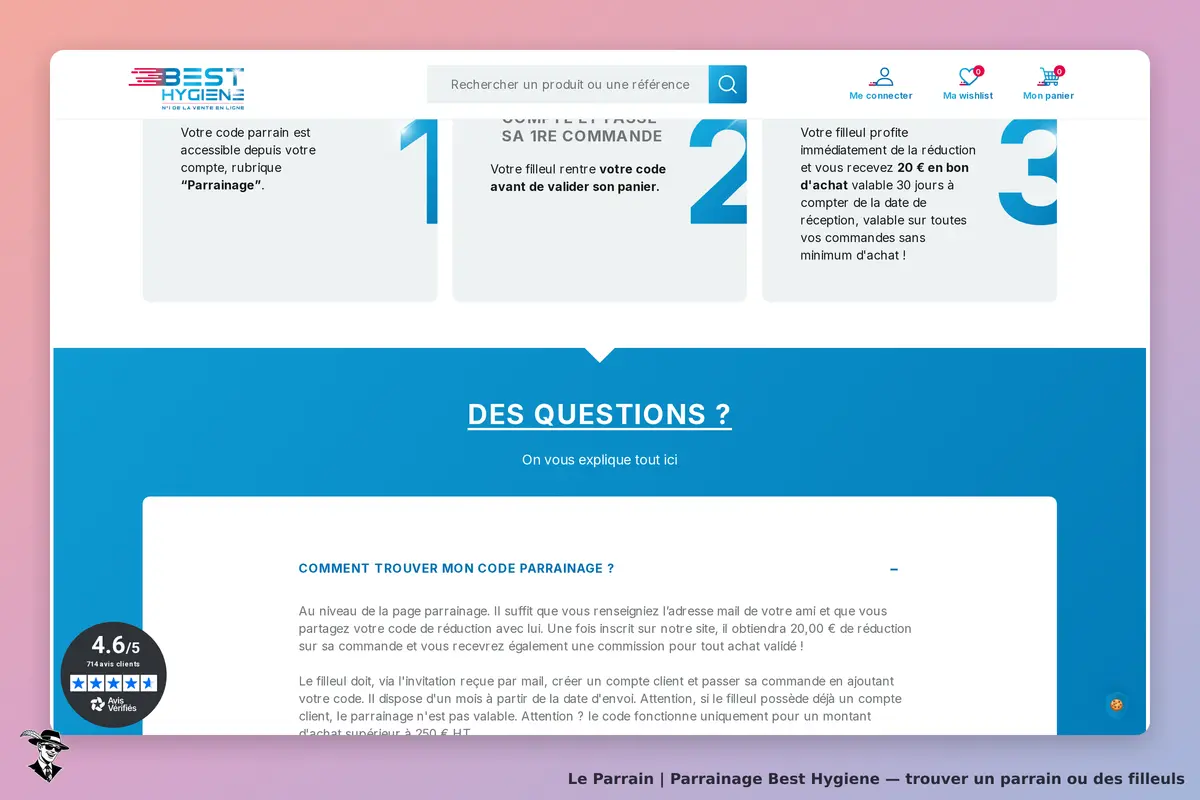 Best Hygiene : section parrainage avec étapes et explications sur le code parrain. Note affichée