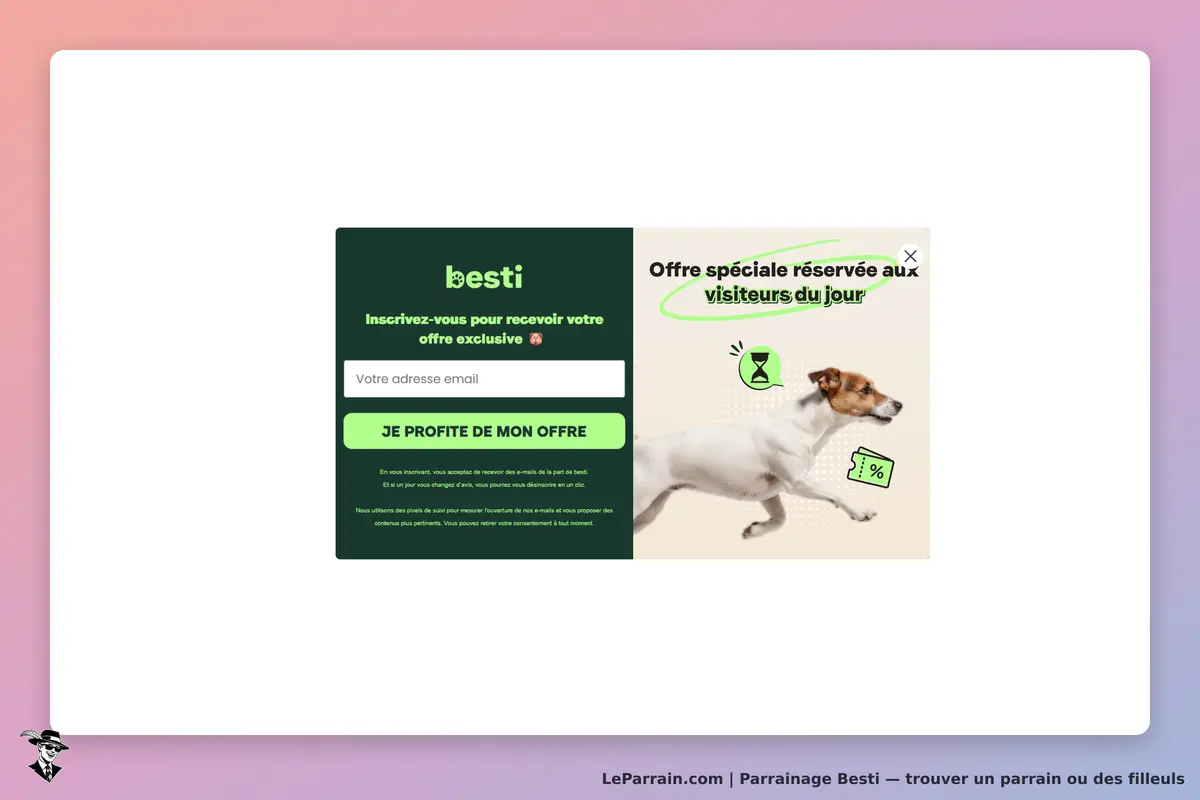 Besti : formulaire d'inscription pour recevoir une offre exclusive avec un chien en arrière-plan