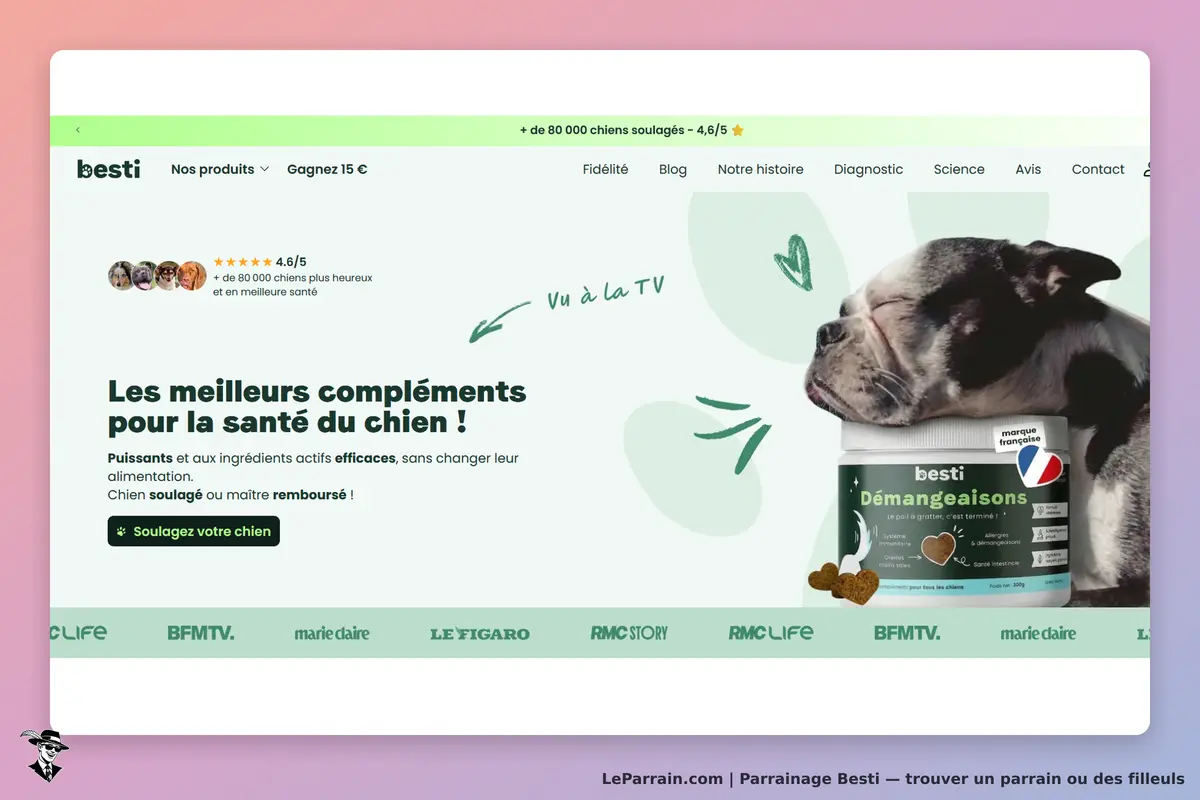 Besti : bestì : page d'accueil présentant des compléments pour la santé des chiens et un produit