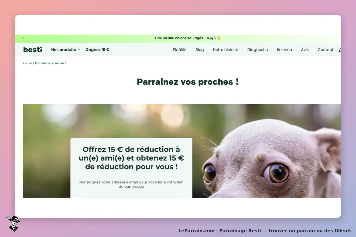 Besti : page d'accueil avec un chien et un message sur le parrainage de proches