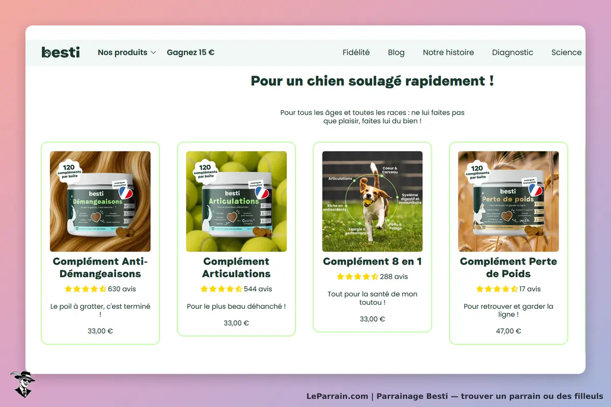 besti : page d'accueil avec quatre compléments alimentaires pour chiens affichés