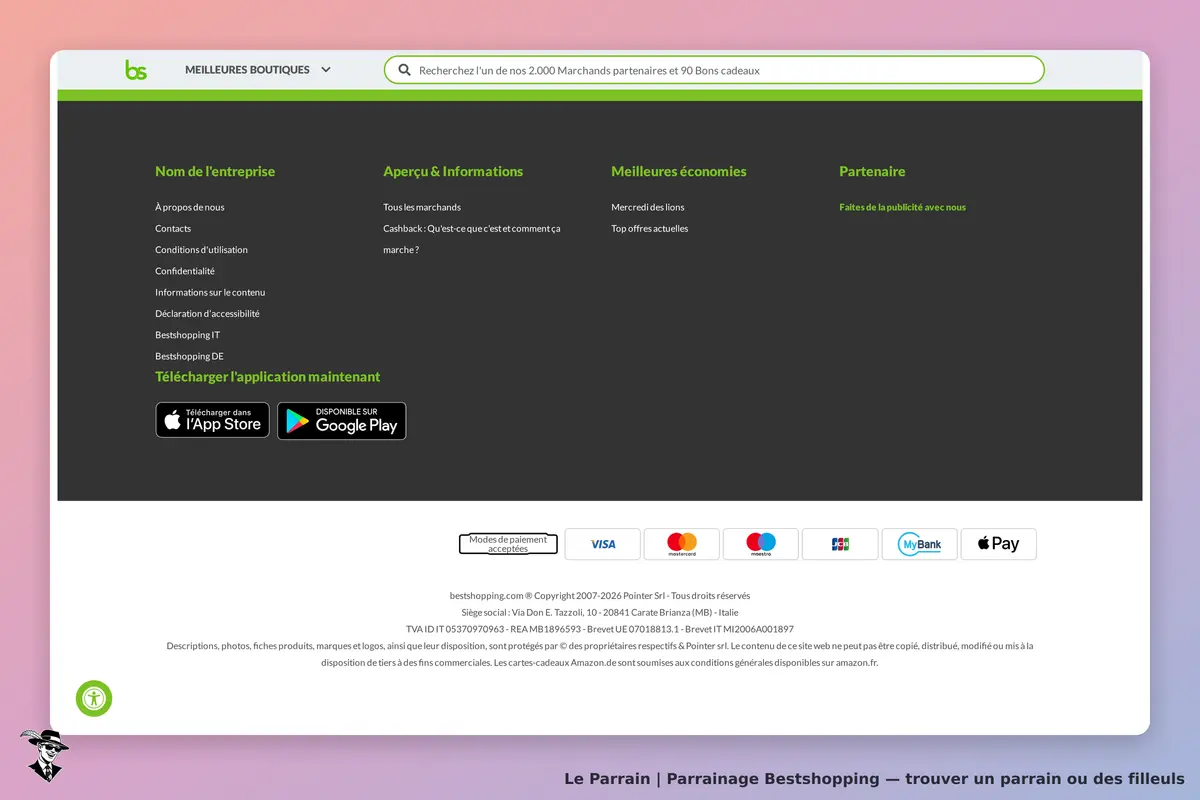 Bestshopping : bas de page avec informations sur l'entreprise et liens vers l'application mobile
