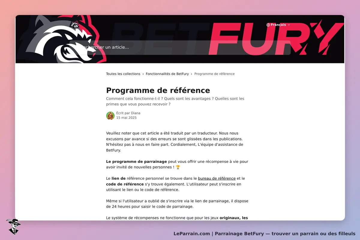 BetFury : page présentant le programme de référence avec des explications et une date d'article
