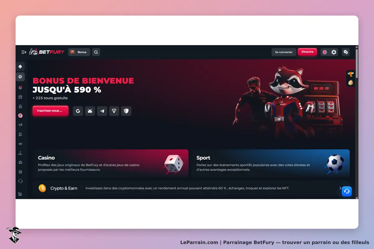 BetFury : page d'accueil avec un bonus de bienvenue et des sections pour casino et sport
