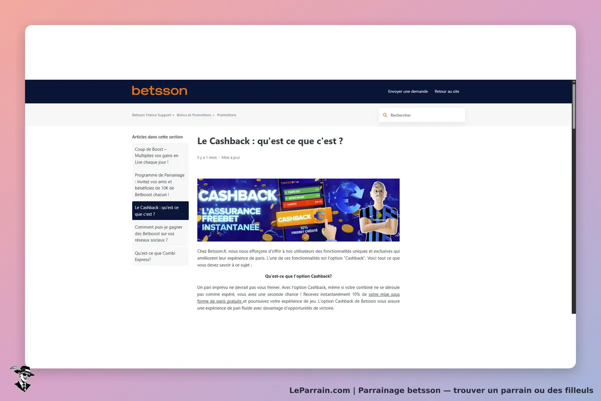 betsson : page d'information sur le cashback avec illustration et explications sur le service