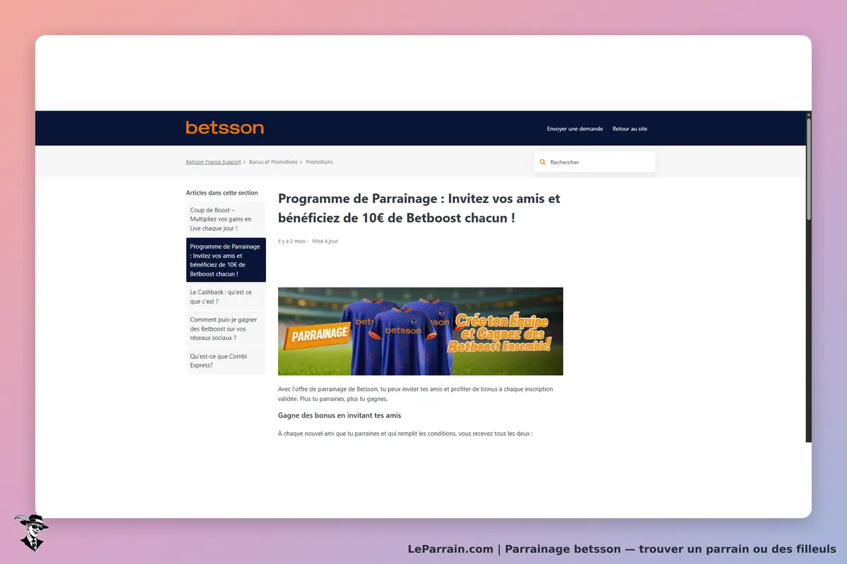betsson : page sur le programme de parrainage avec texte et visuel de maillots de football