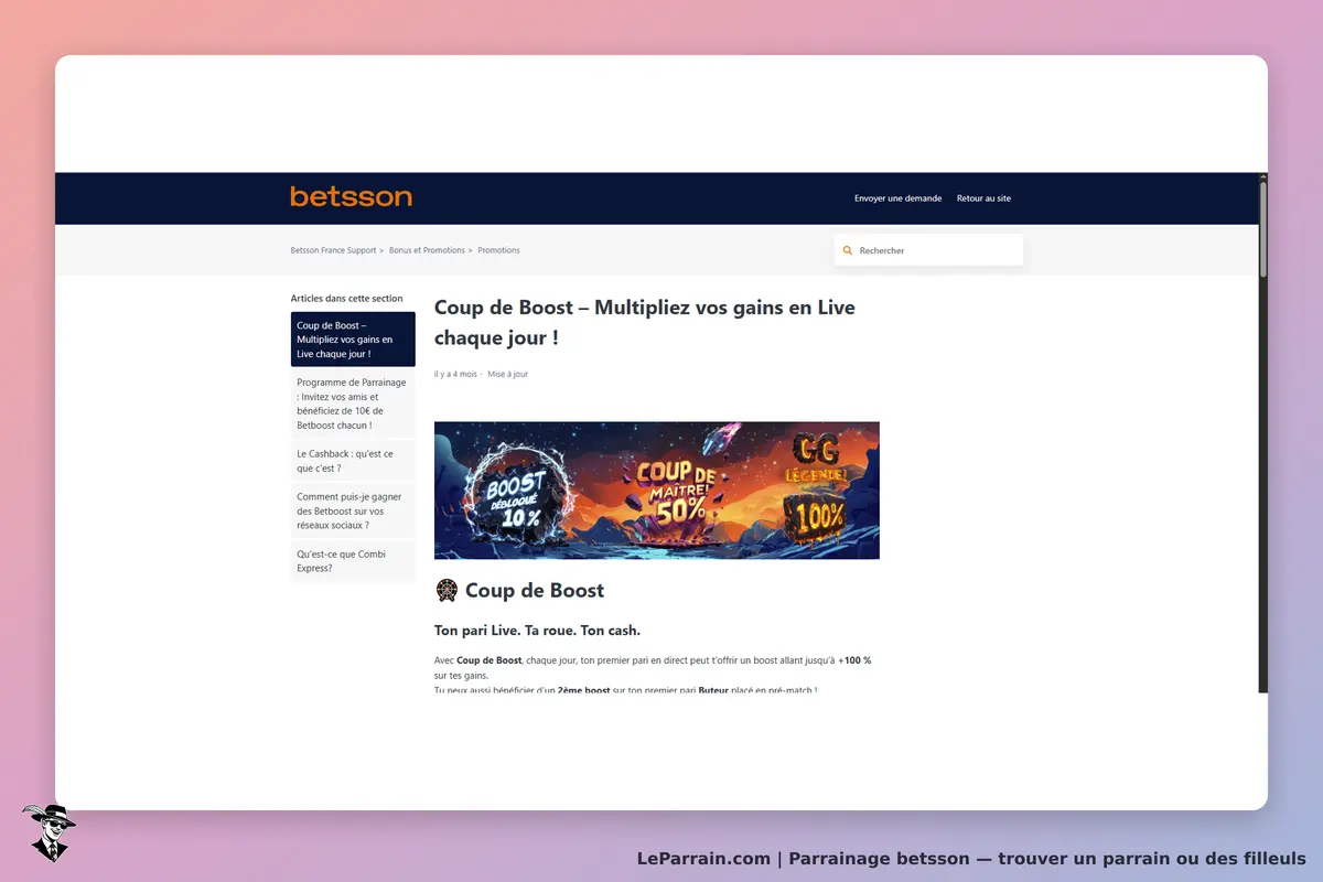 betsson : page présentant le programme "Coup de Boost" avec des illustrations colorées