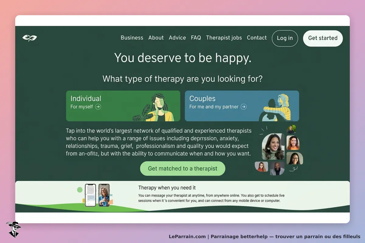 betterhelp : page d'accueil avec options de thérapie individuelle et de couple, images de