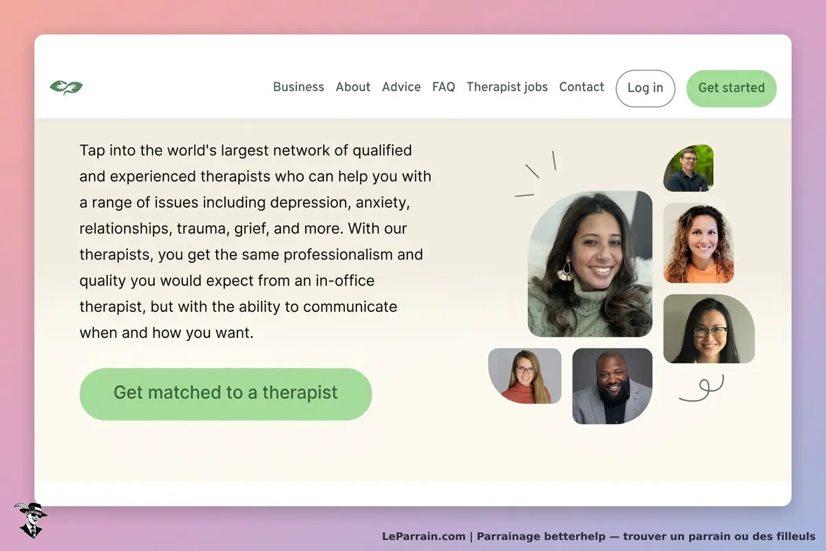betterhelp : page d'accueil avec texte explicatif et photos de thérapeutes disponibles