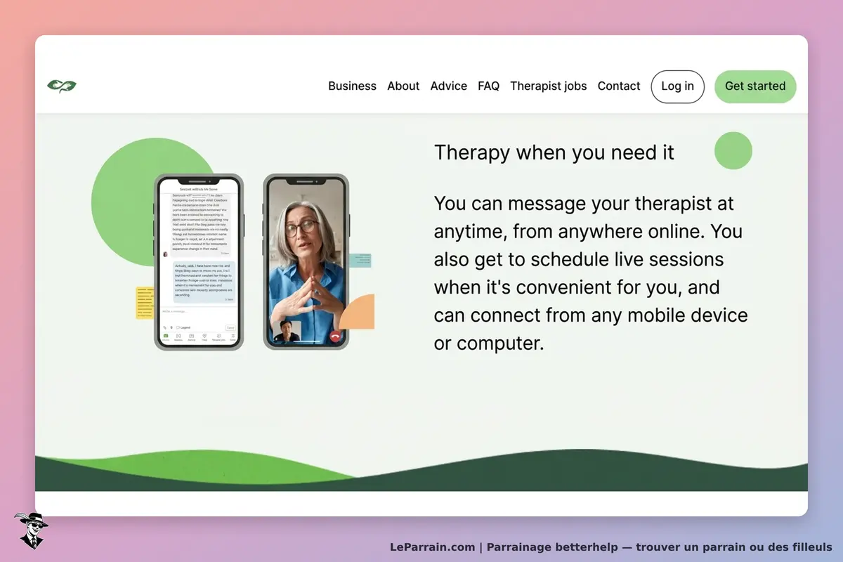 betterhelp : deux téléphones affichant des messages et une vidéo d'une thérapeute en consultation