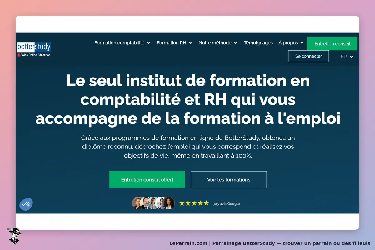 BetterStudy : page d'accueil présentant des formations en comptabilité et RH avec boutons d'action