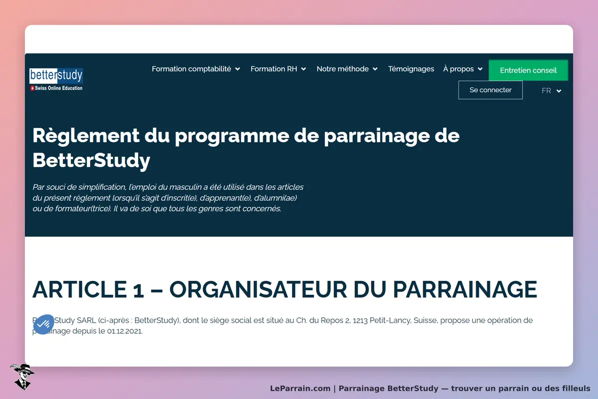 BetterStudy : règlement du programme de parrainage avec mention des articles et explications