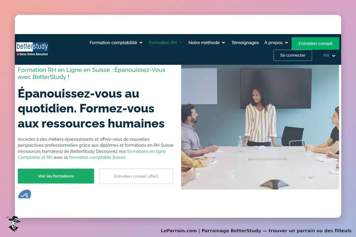 BetterStudy : page d'accueil avec une présentation de formation en ressources humaines