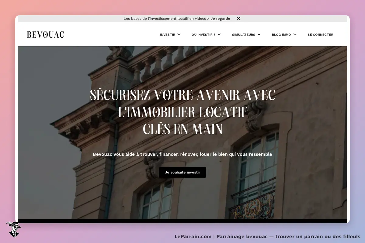 BEVOUAC : page d'accueil présentant un message sur l'immobilier locatif et un bâtiment en