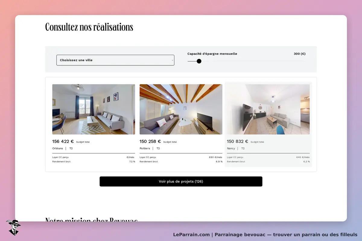 bevouac : page d'accueil avec un formulaire de choix de ville et des projets immobiliers affichés
