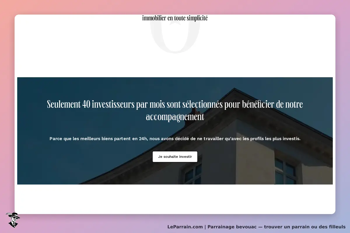 bevouac : page d'accueil présentant un message sur l'investissement immobilier et un bouton