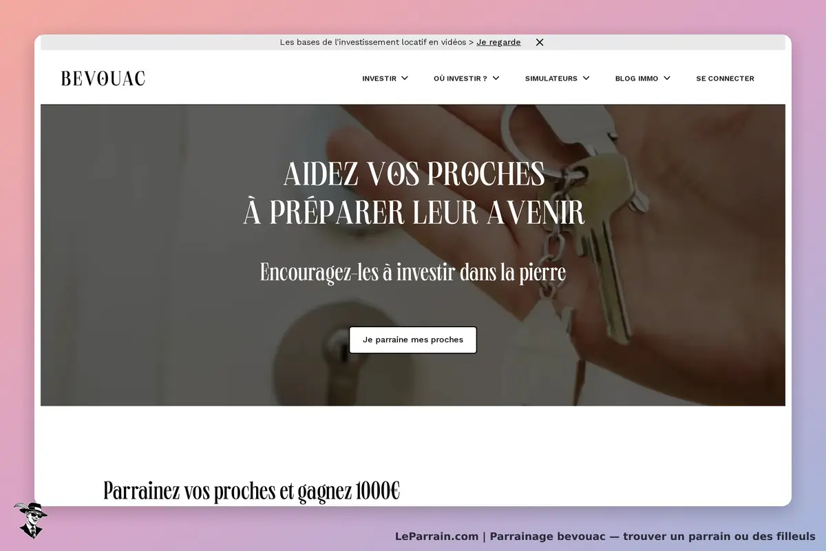BEVOUAC : page d'accueil avec un message sur l'investissement et une image de clés