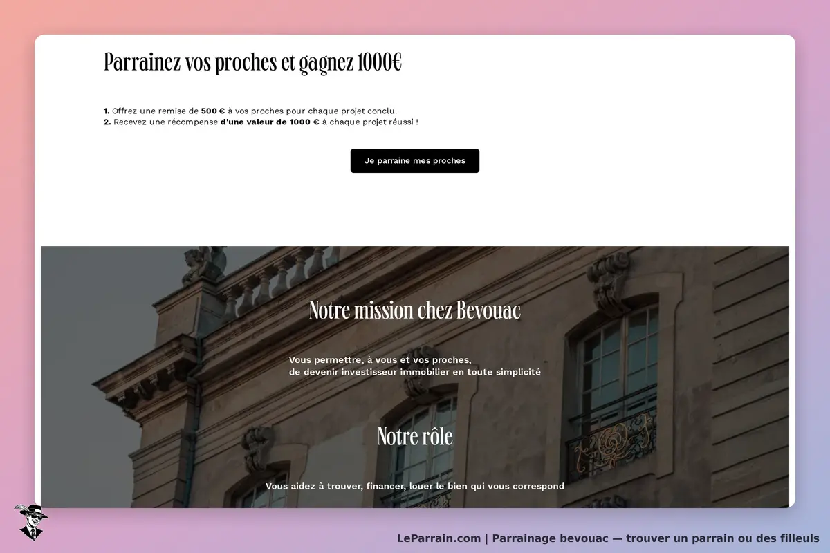 Bevouac : page d'accueil présentant un programme de parrainage et des missions de l'entreprise