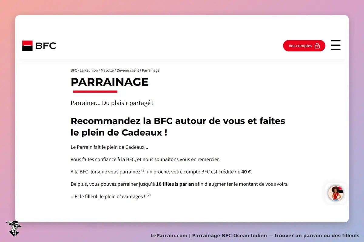 BFC Ocean Indien : bFC : page d'accueil sur le parrainage avec texte explicatif et logo en haut à