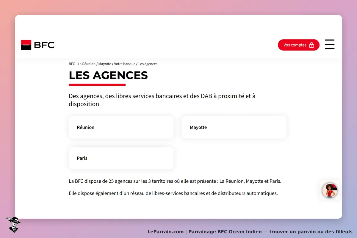 BFC Ocean Indien : bFC : page des agences avec options pour La Réunion, Mayotte et Paris