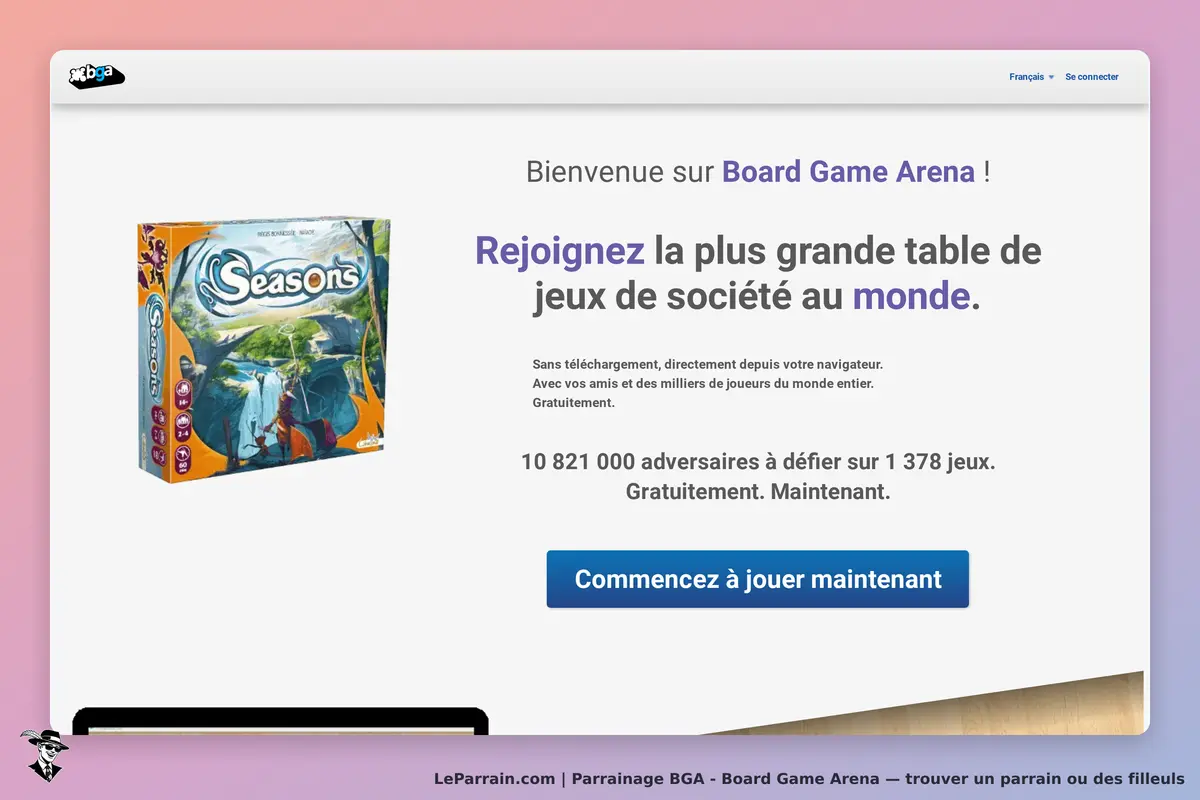 BGA - Board Game Arena : bGA : page d'accueil avec le jeu "Seasons" et un bouton pour commencer à