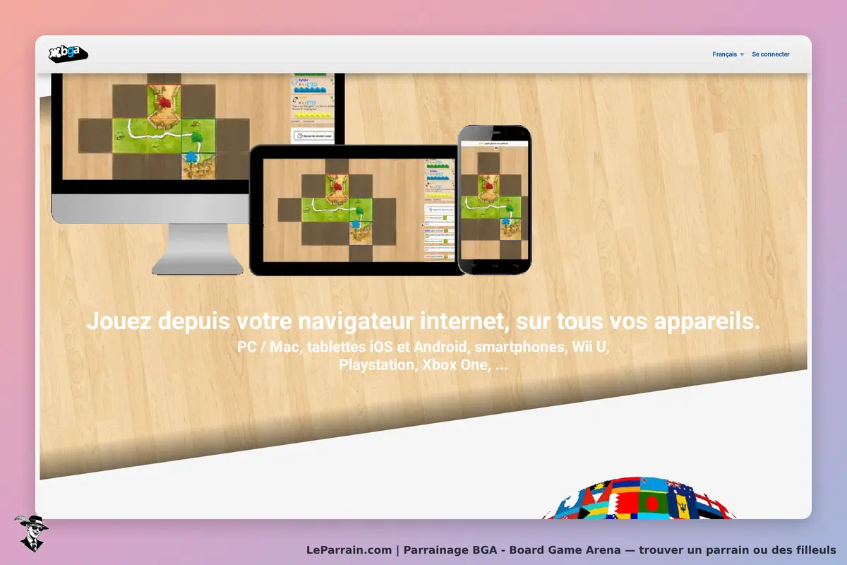 BGA - Board Game Arena : bGA : page d'accueil présentant des jeux sur divers appareils numériques