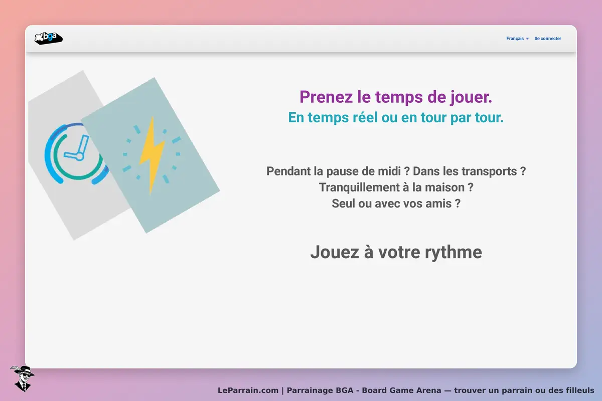 BGA - Board Game Arena : bGA : message d'accueil invitant à jouer en temps réel ou en tour par