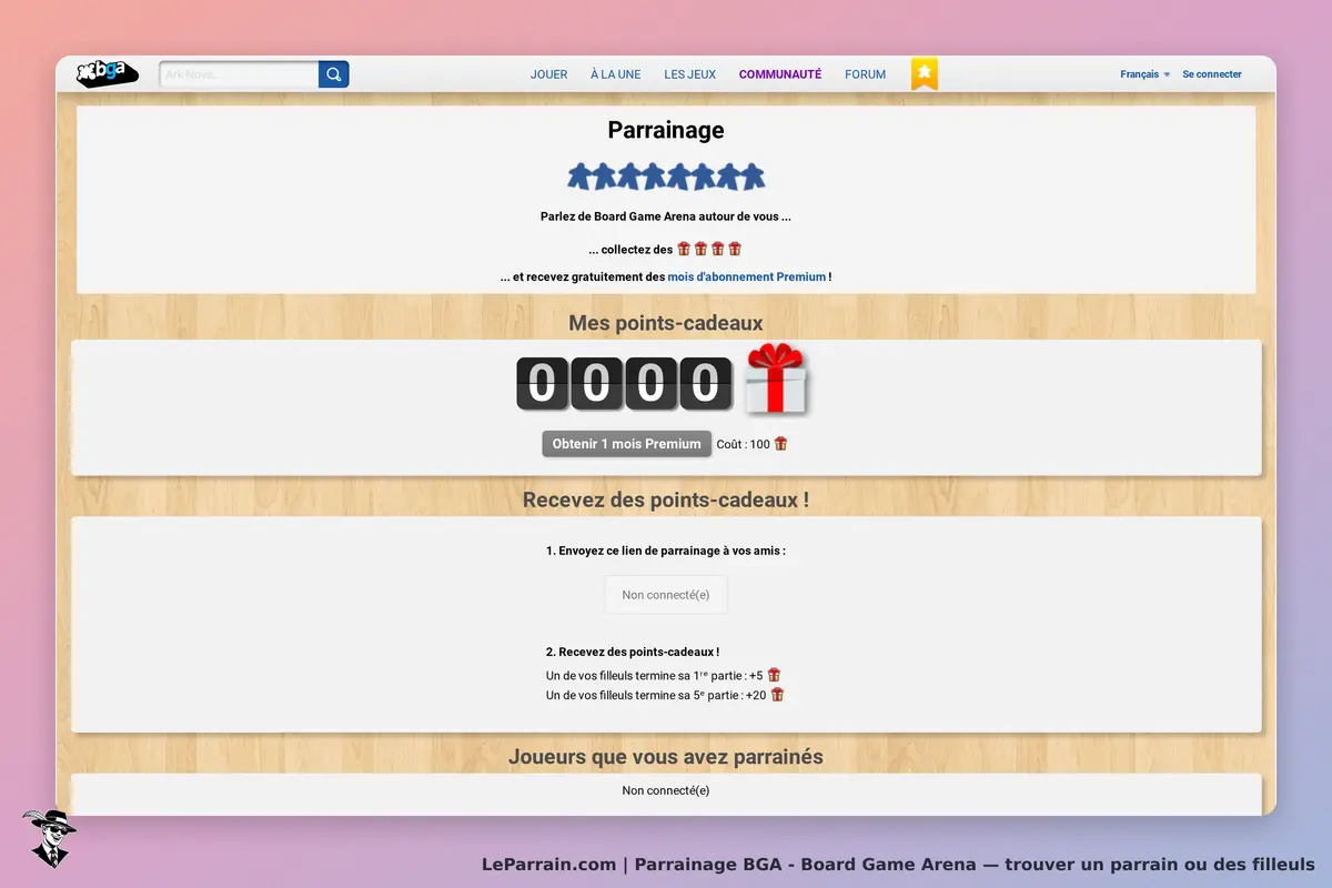 BGA - Board Game Arena : bGA : page de parrainage avec points-cadeaux et instructions pour inviter