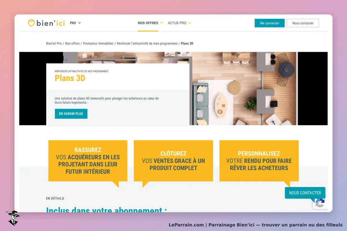 Capture d'écran de l'offre Plans 3D sur Bien'ici pour les promoteurs immobiliers.