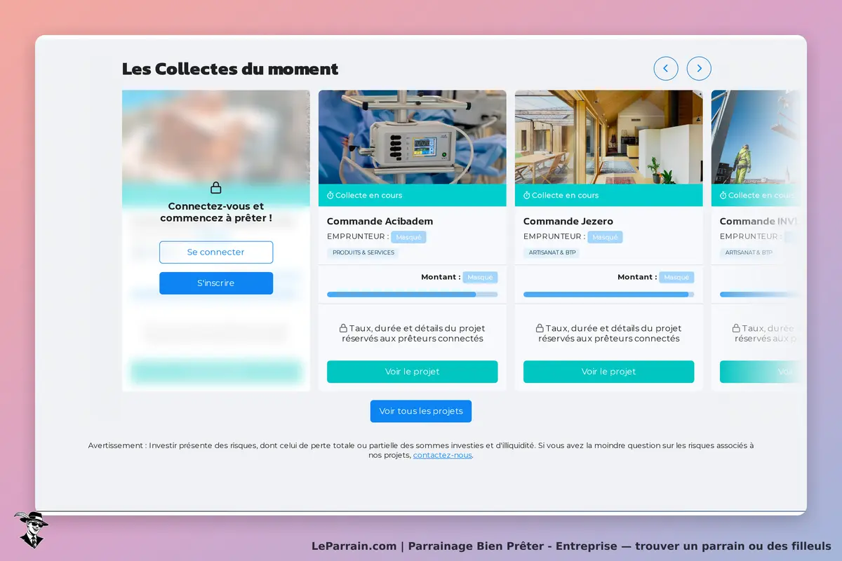 Bien Prêter - Entreprise : bien Prêter : page d'accueil avec options de connexion et collectes de