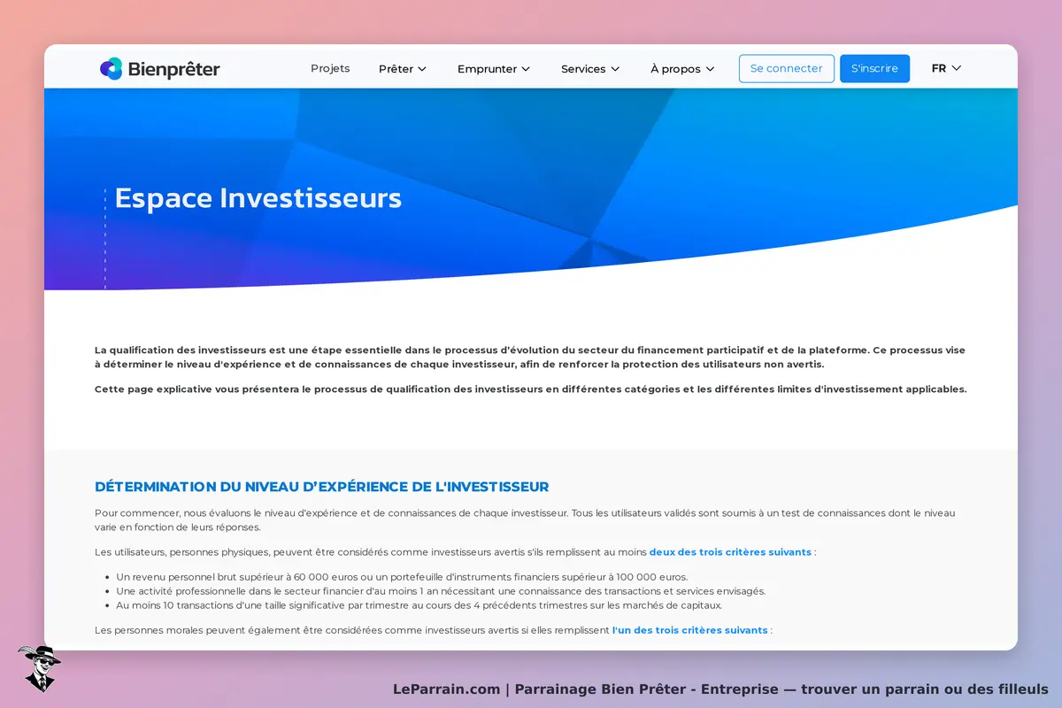 Bien Prêter - Entreprise : bien Prêter : page d'accueil de l'espace investisseurs avec explications