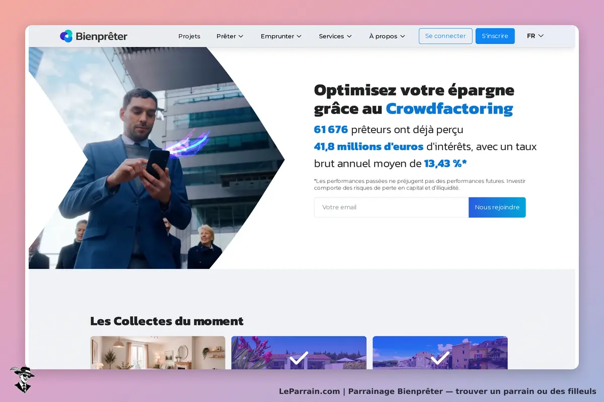 Homme en costume utilisant un smartphone sur la page d'accueil de Bienprêter.