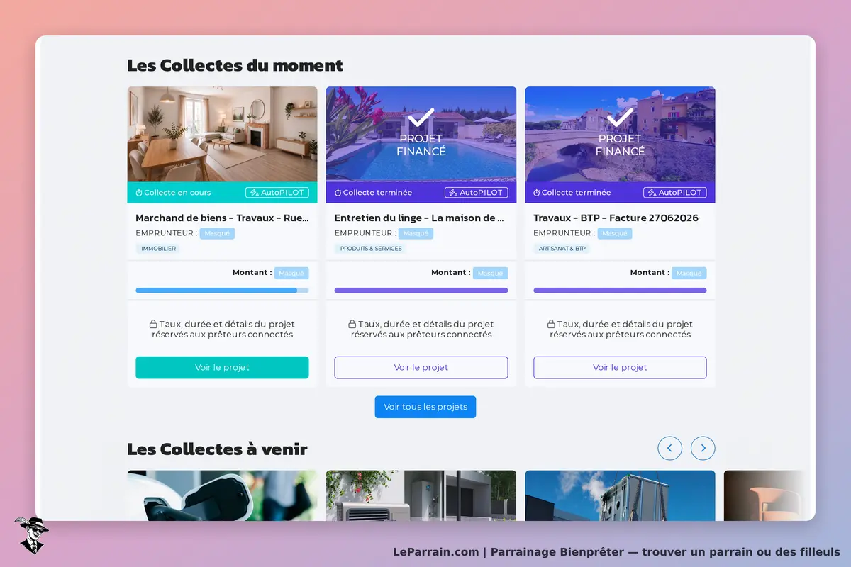 Collectes de projets en cours et terminés sur Bienprêter, avec détails masqués.