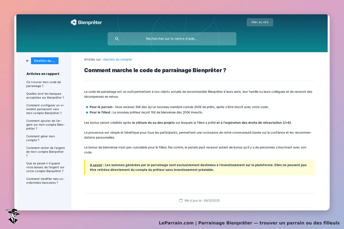 Page d'aide sur le parrainage de Bienprêter, expliquant les avantages et conditions.