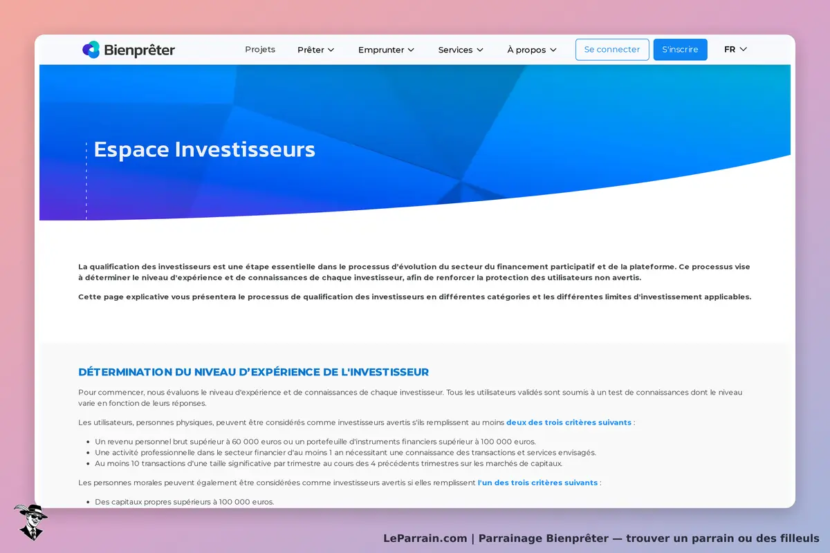 Espace Investisseurs sur Bienprêter, processus de qualification des investisseurs.