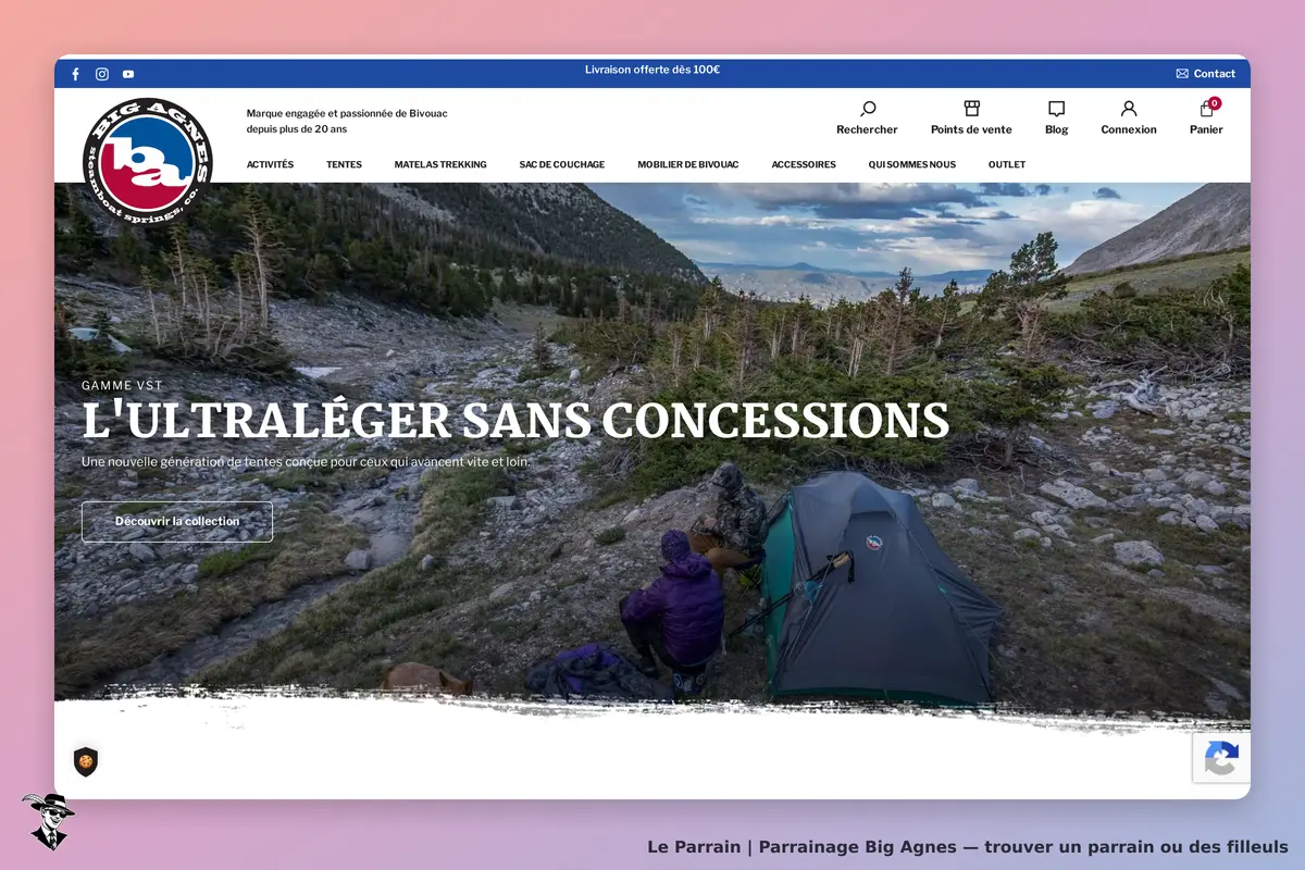 Big Agnes : page d'accueil présentant des tentes et un paysage montagneux
