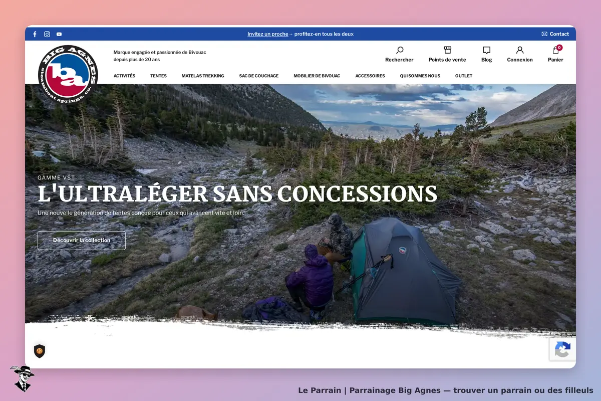 Big Agnes : page d'accueil présentant des tentes en pleine nature avec un homme assis près d'une