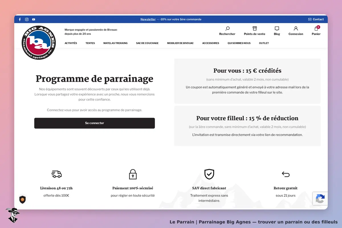 Big Agnes : page d'accueil sur le programme de parrainage avec options de connexion et informations