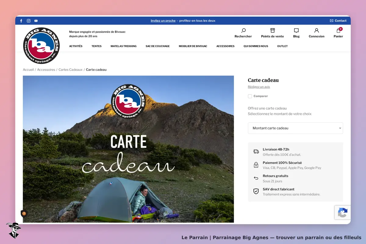 Big Agnes : page présentant une carte cadeau avec une tente en extérieur et des montagnes en
