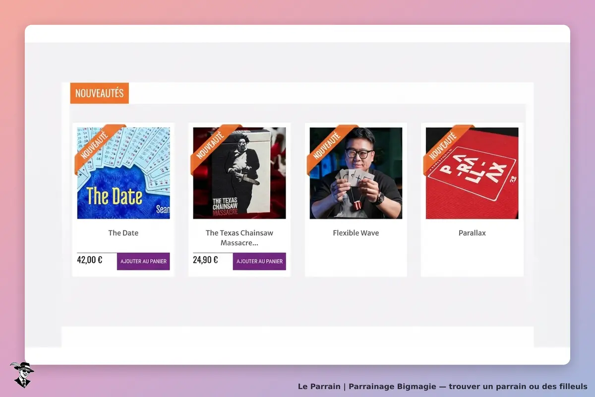 Bigmagie : présentation de nouveaux produits avec images et titres sur fond coloré