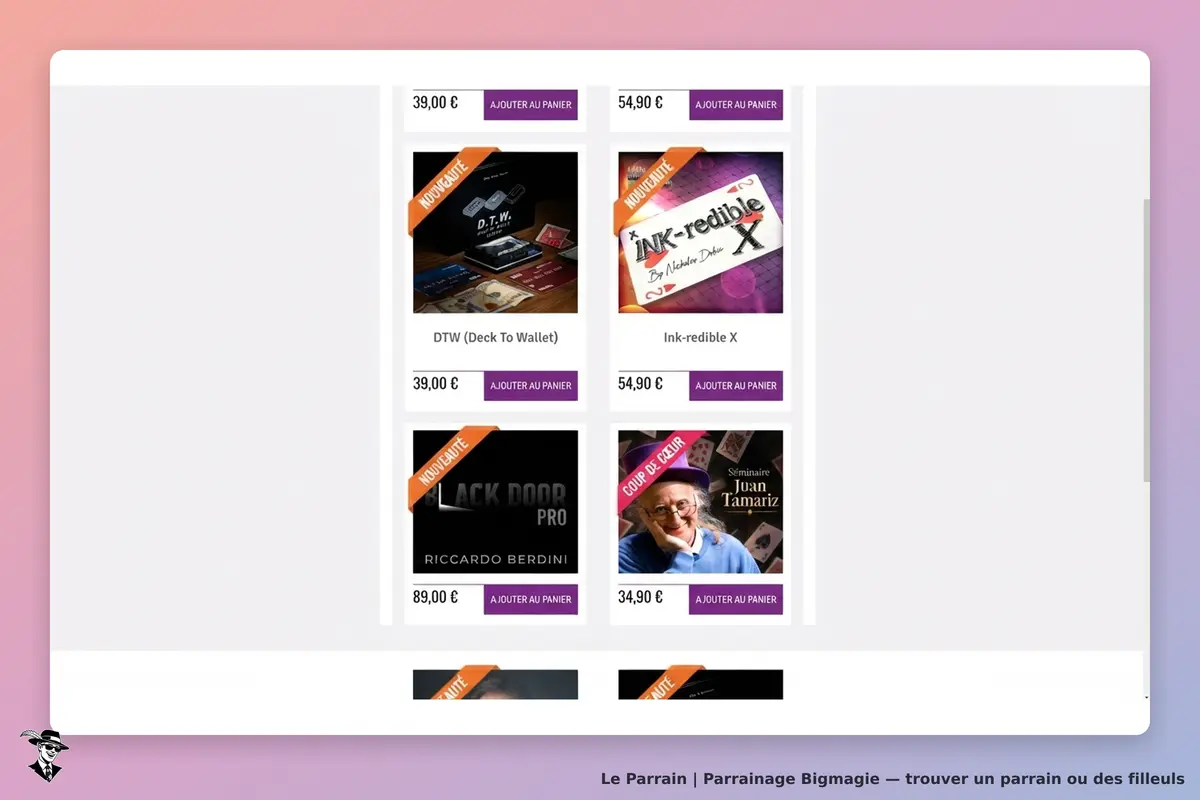 Bigmagie : page d'accueil avec plusieurs produits de magie affichés et options d'ajout au panier