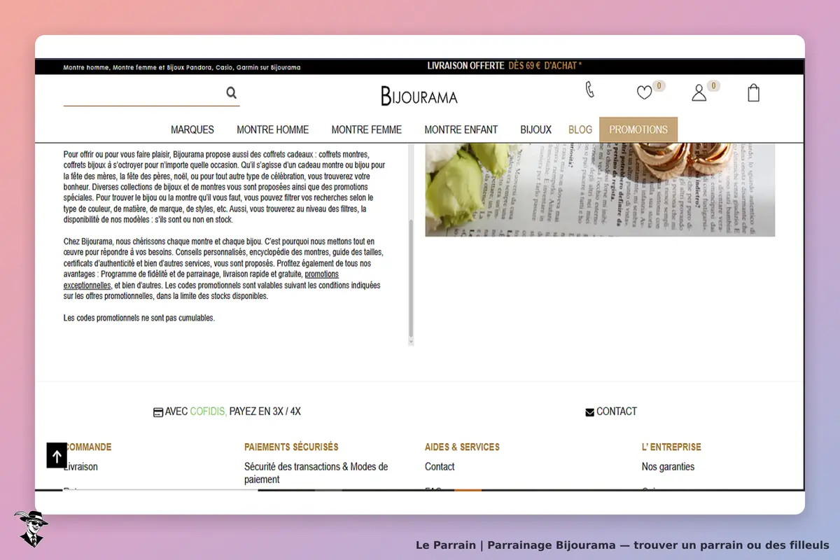 Bijourama : page d'accueil avec produits, informations et menu de navigation en haut
