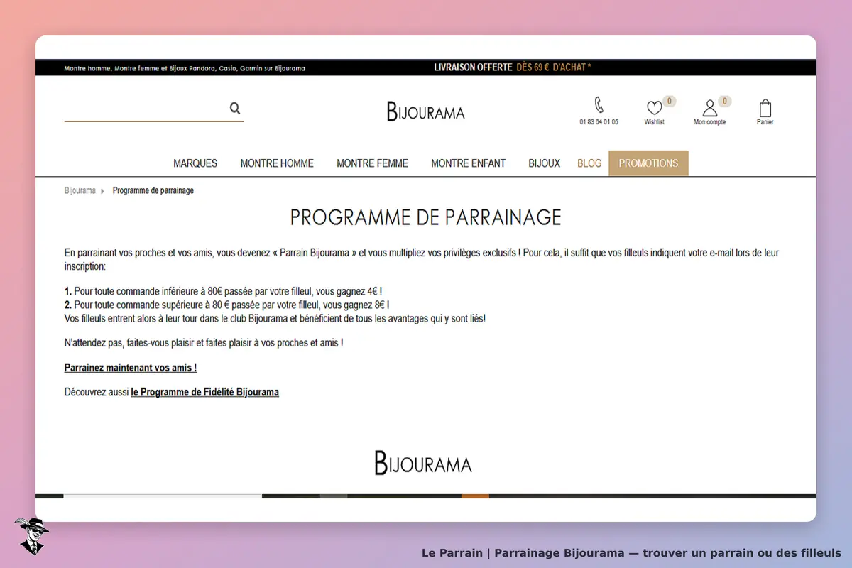 Bijourama : page du programme de parrainage avec explications et incitation à parrainer