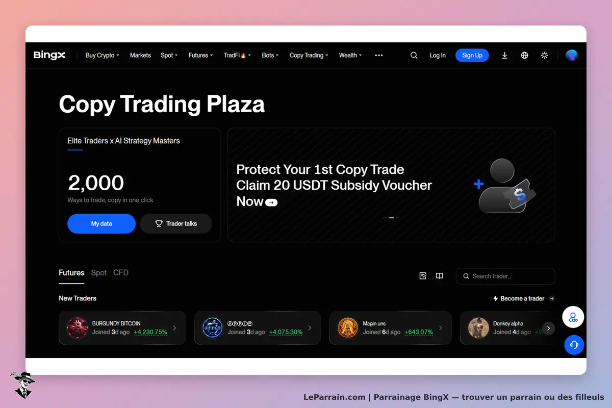 BingX : page d'accueil avec section Copy Trading et liste de nouveaux traders affichée